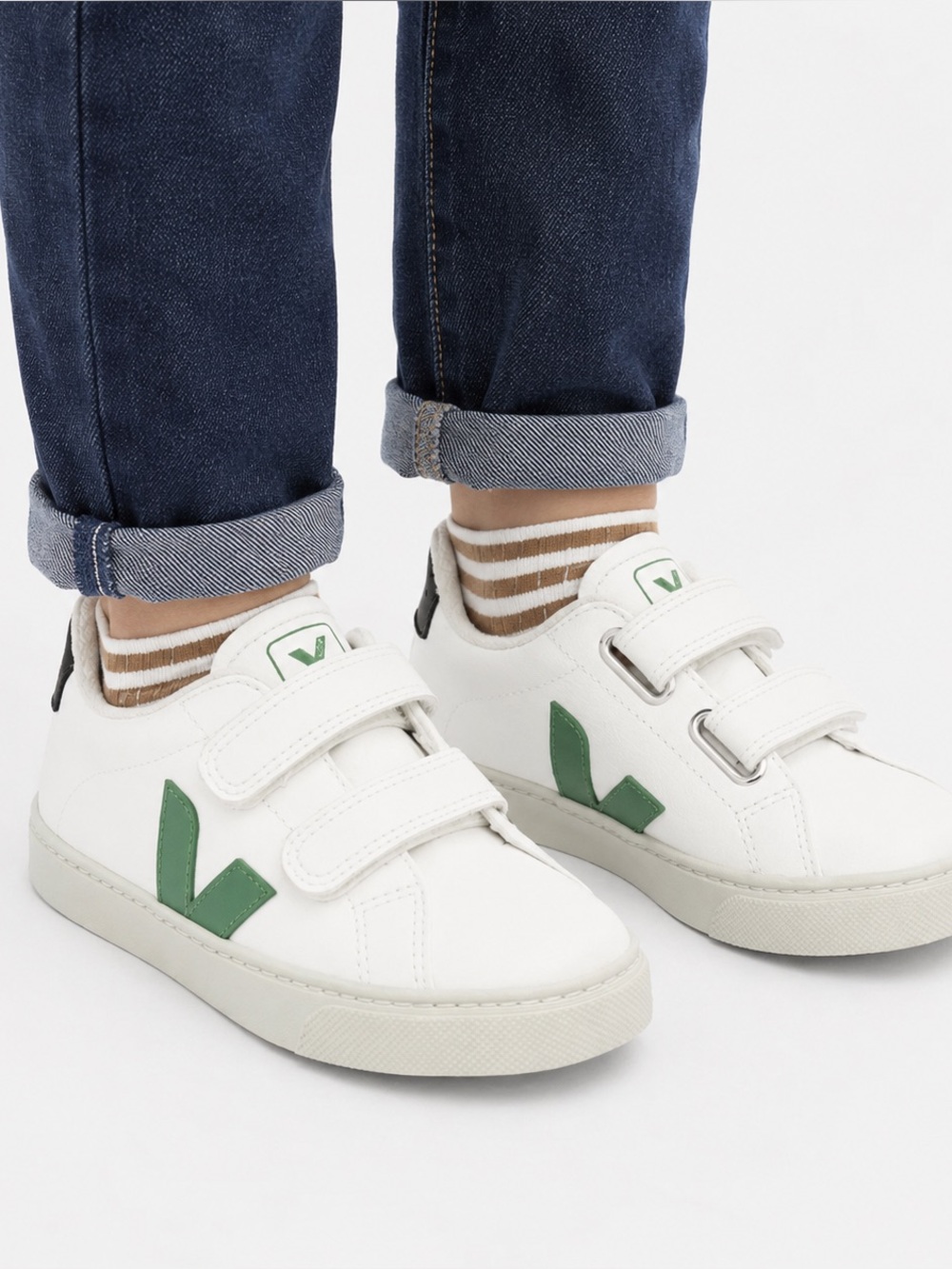 Veja Kids V-12 LEATHER WHITE Sneakers with Green Accent Velcro Closure Sz 34/3